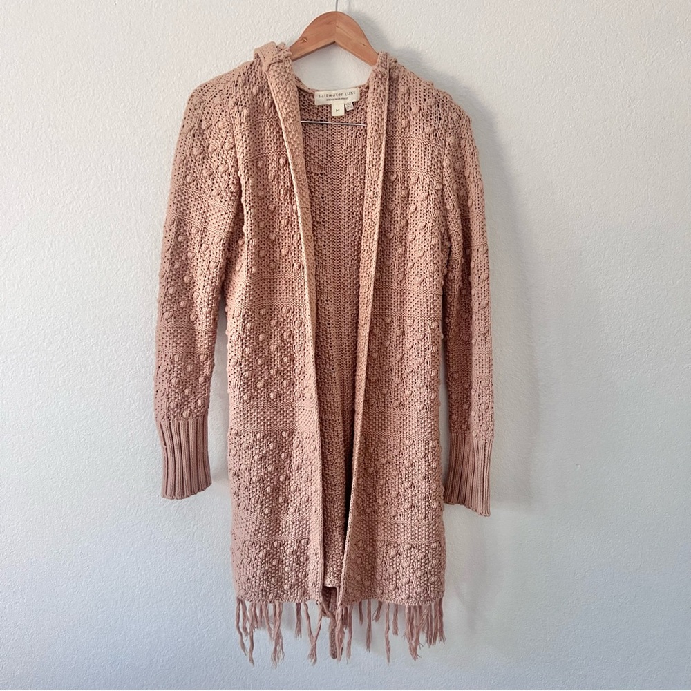 Saltwater Luxe Textured Fringe Hooded Tie Front Cardigan Sweater Sz M
